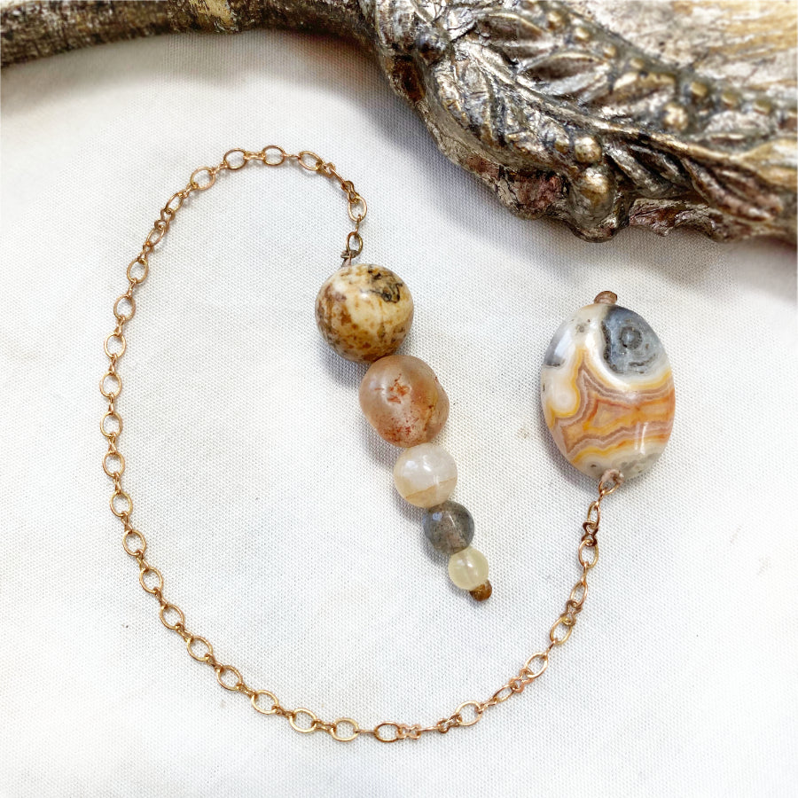 Crystal pendulum for dowsing ~ with Crazy Lace Agate, Picture Jasper & Topaz