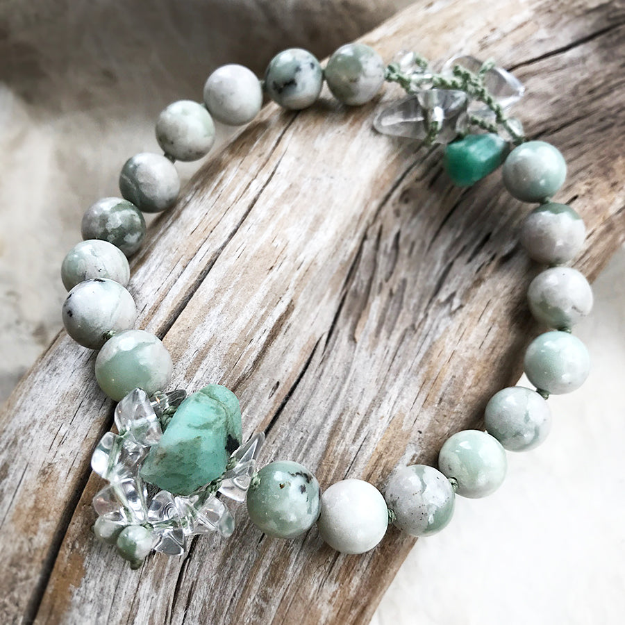 Mala anklet with Peace Jade, Emerald & Quartz ~ for up to 9