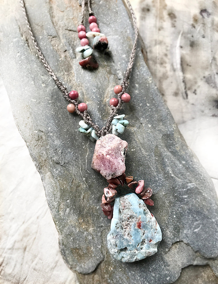 Crystal healing amulet with Larimar, Ruby & Rhodonite