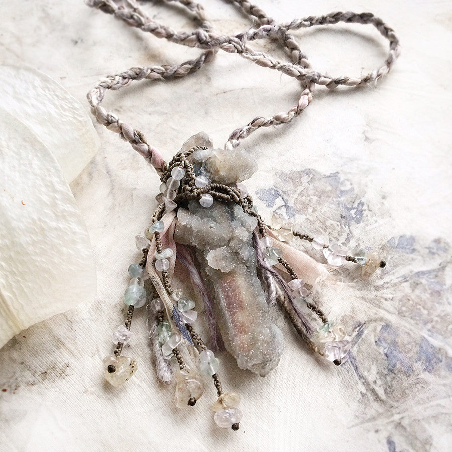 Spirit Quartz Witch Finger crystal healing talisman in silk braid