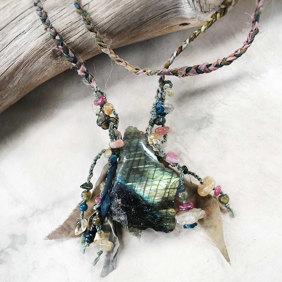 Labradorite crystal healing talisman in silk braid