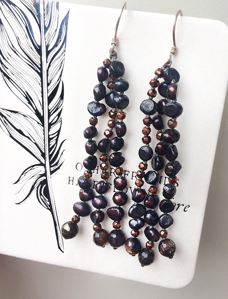 Crystal healing earrings with Freshwater Pearls & copper-plated Hematite