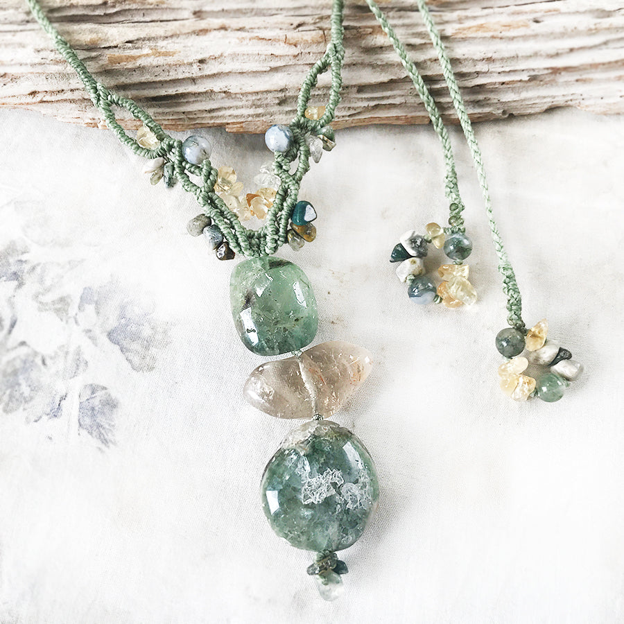 Crystal healing amulet with Aquamarine, Citrine, Ocean Jasper & Moss Agate