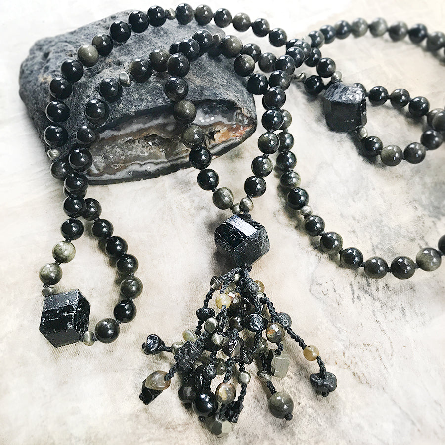 Golden sheen Obsidian meditation mala with Black Tourmaline & Pyrite