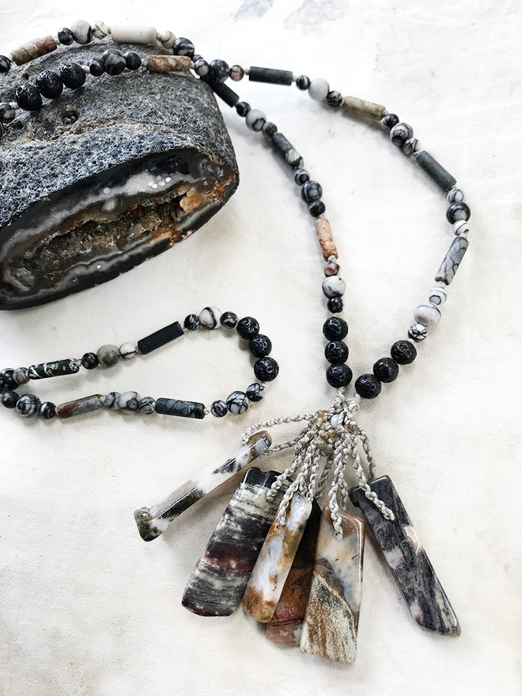 Crystal healing necklace with Silver Leaf Jasper, Picasso Jasper, Black Line Jasper & Lava Stone