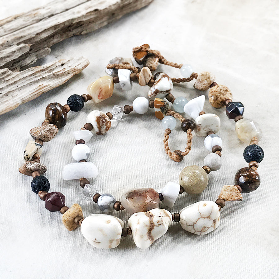 Crystal healing double wrap bracelet in tones of cream & brown ~ for up to 6.75