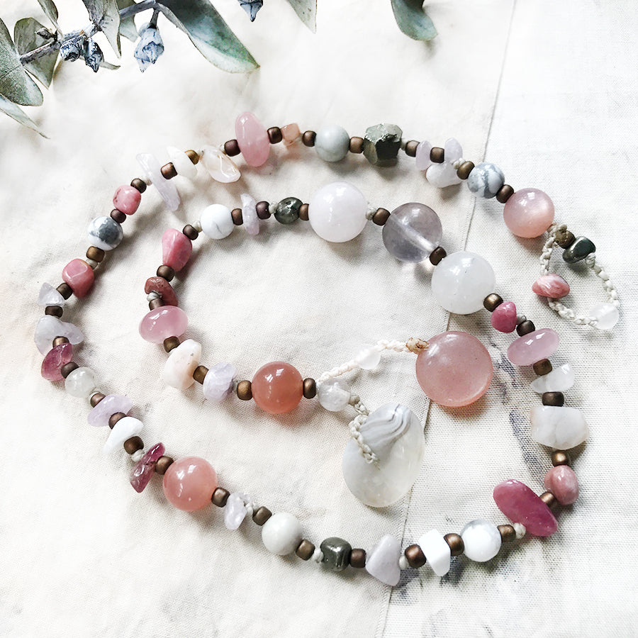 Crystal healing double wrap bracelet in tones of pink ~ for up to 6.25
