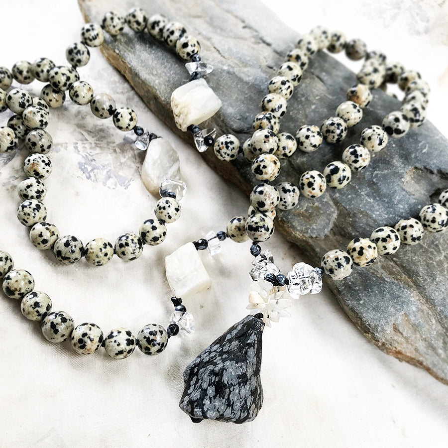 Dalmatian Jasper mala with Moonstone, Quartz & Snowflake Obsidian