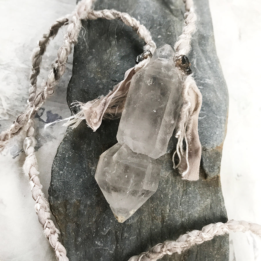 Crystal healing talisman with Sceptre Quartz in silk braid