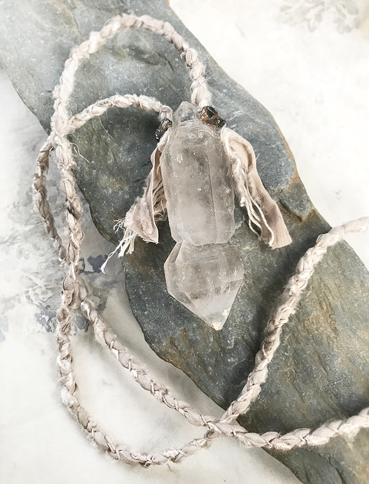 Crystal healing talisman with Sceptre Quartz in silk braid