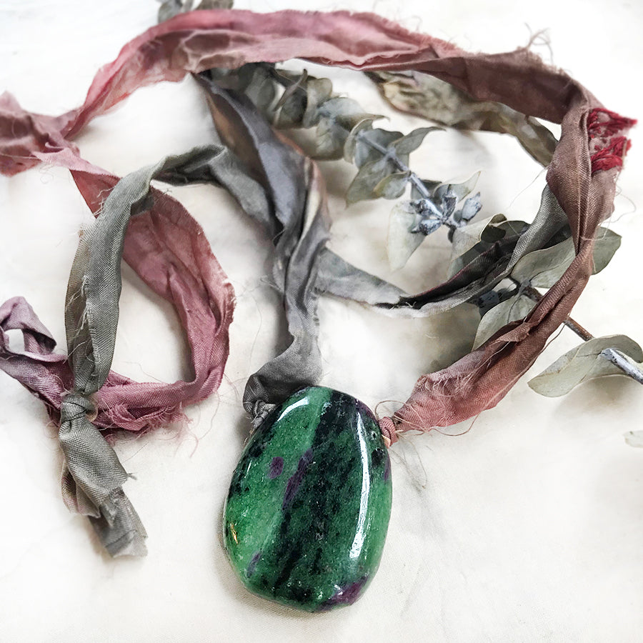 Talismanic Anyolite crystal healing necklace with silk ribbon