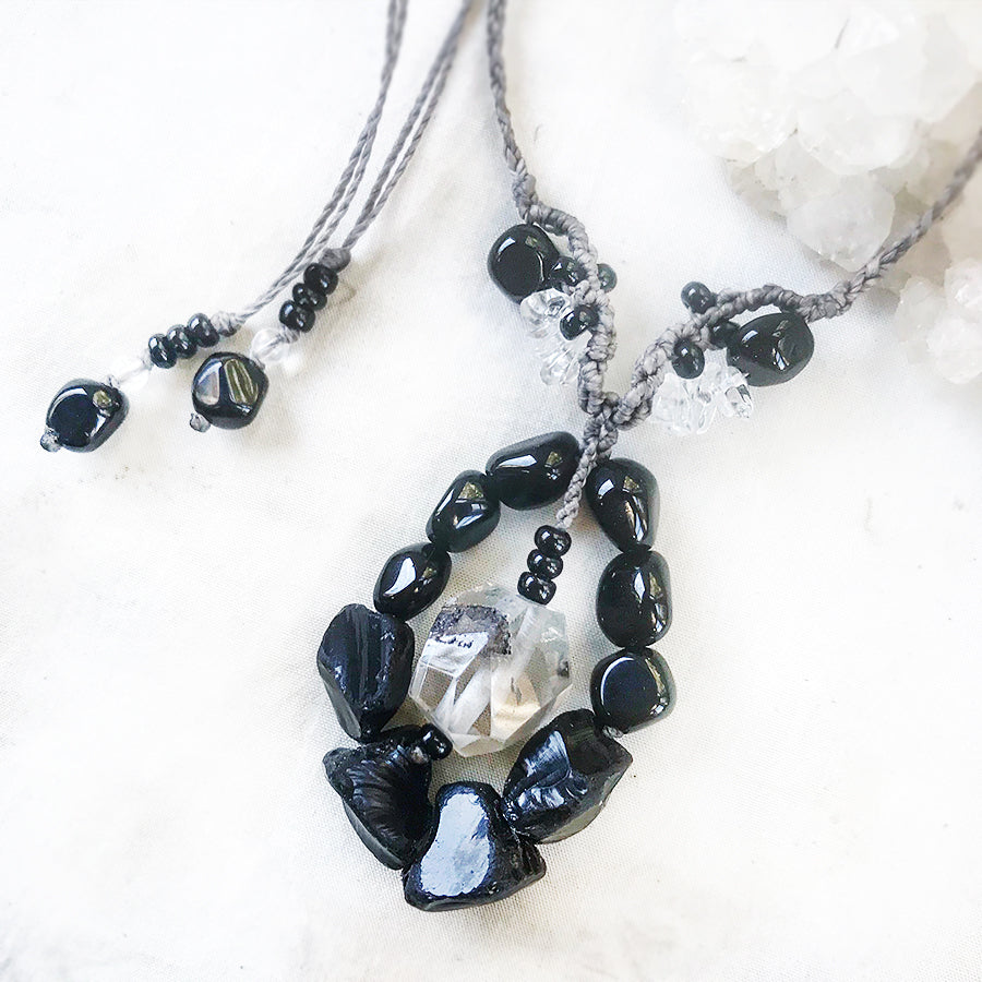 Crystal healing amulet with Obsidian, Black Tourmaline, Lodolite & Quartz
