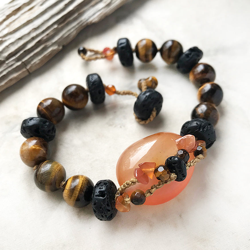 Crystal healing bracelet with Carnelian, Tiger Eye & Lava Stone ~ for up to 7