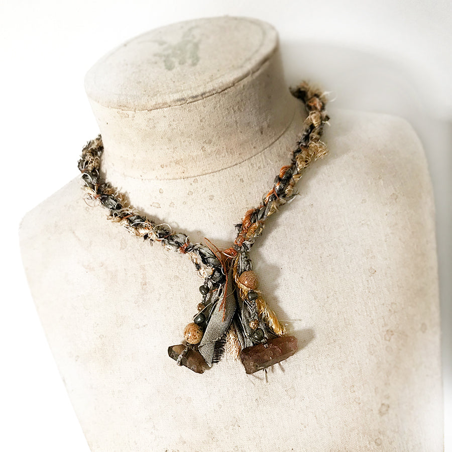 Lariat style crystal healing silk braid necklace