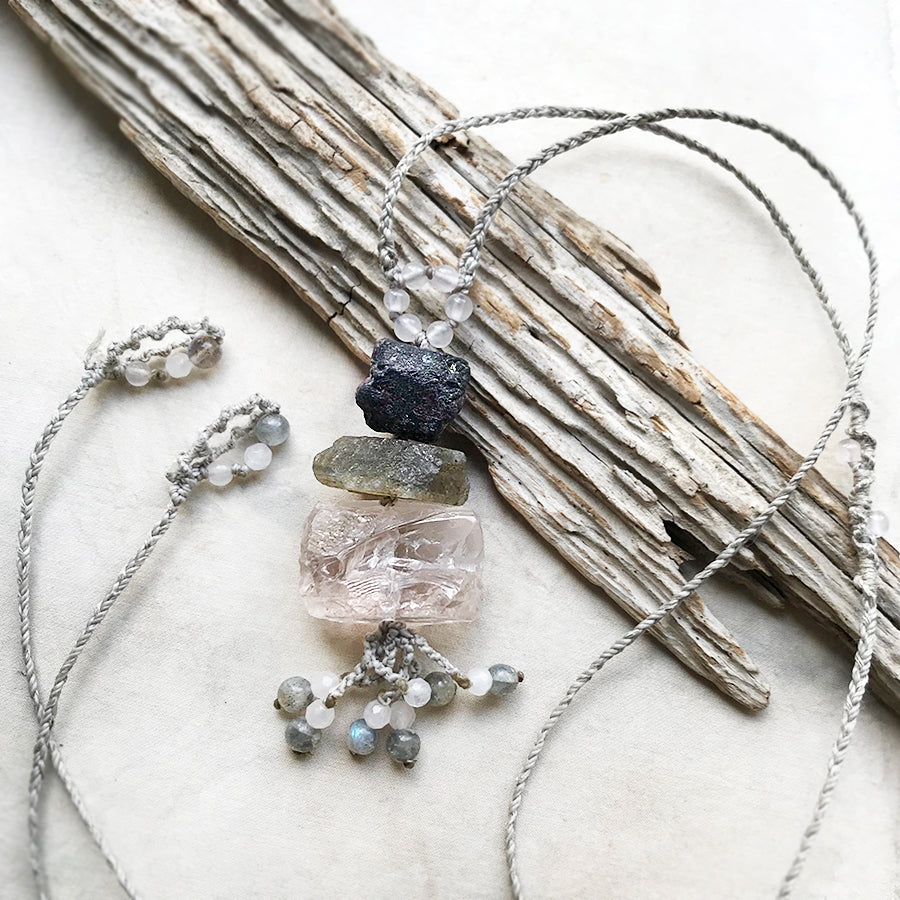 Crystal cairn necklace with Sapphire, Labradorite & Ice Rose Quartz