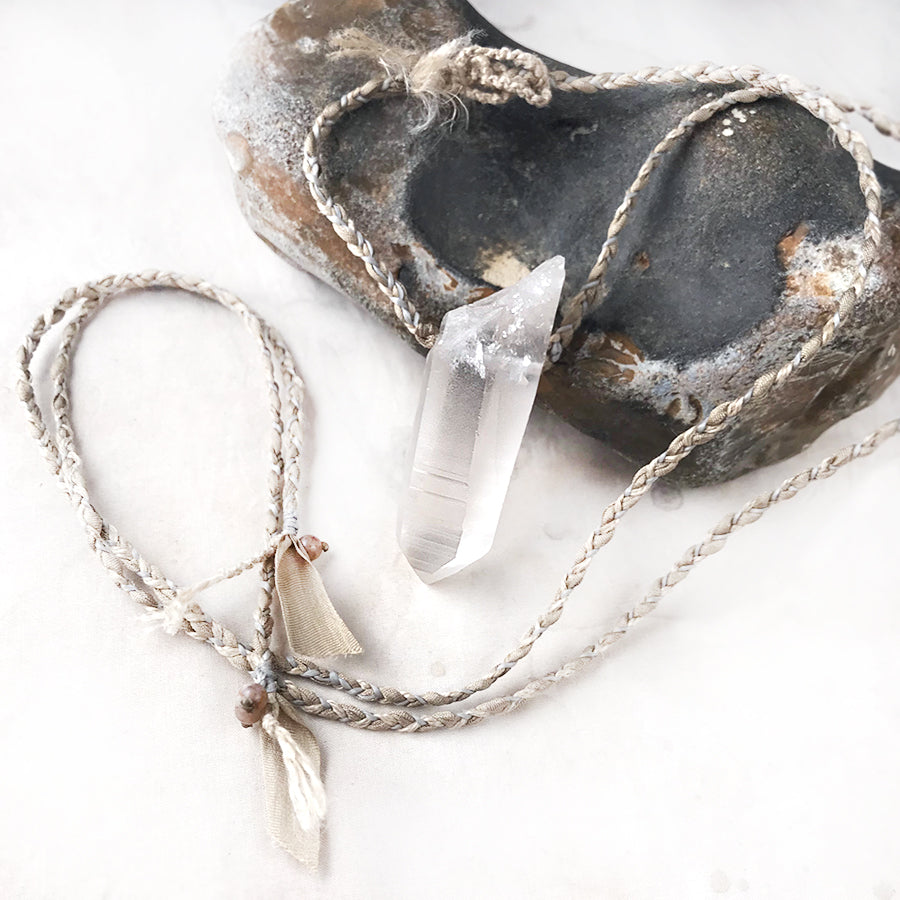 Lemurian Quartz point crystal healing amulet in silk braid