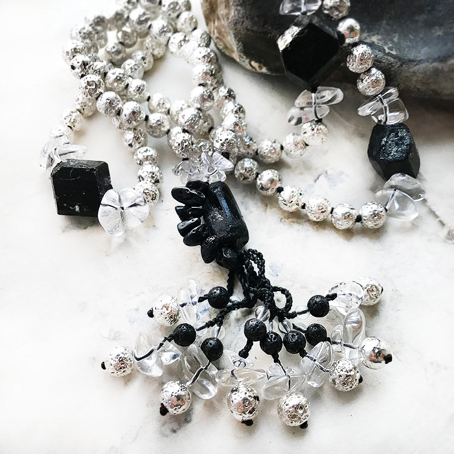 Meditation mala with 108 silverplated Lava beads, Black Tourmaline & Quartz