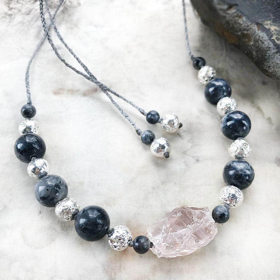 Crystal healing amulet with Ice Rose Quartz, Norwegian Moonstone & silver-plated Lava Stone