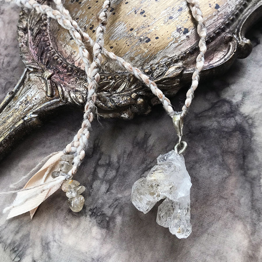 'Soul Path' crystal healing talisman with Fenster Quartz in peace silk & satin braid