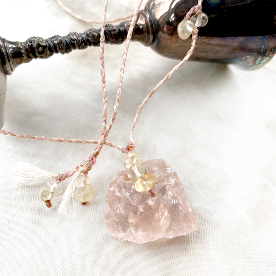 Ice Rose Quartz crystal healing amulet with Citrine