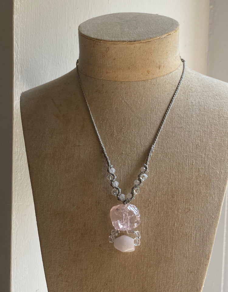 Crystal healing amulet with Ice Rose Quartz, Mangano Calcite & clear Quartz