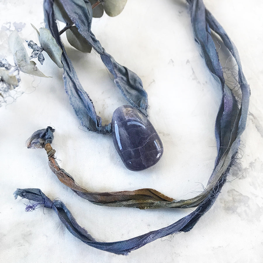 Talismanic Iolite crystal healing necklace with silk ribbon