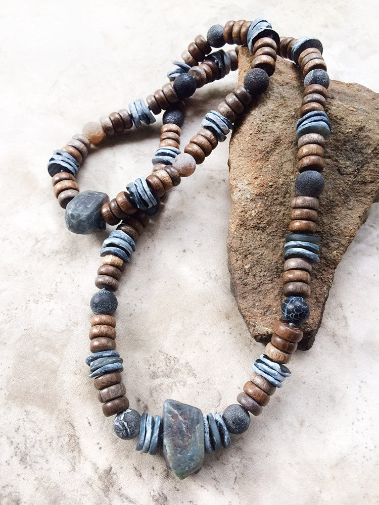 Stone talisman for men ~ with Kyanite, Agate, Abalone shell & wooden beads