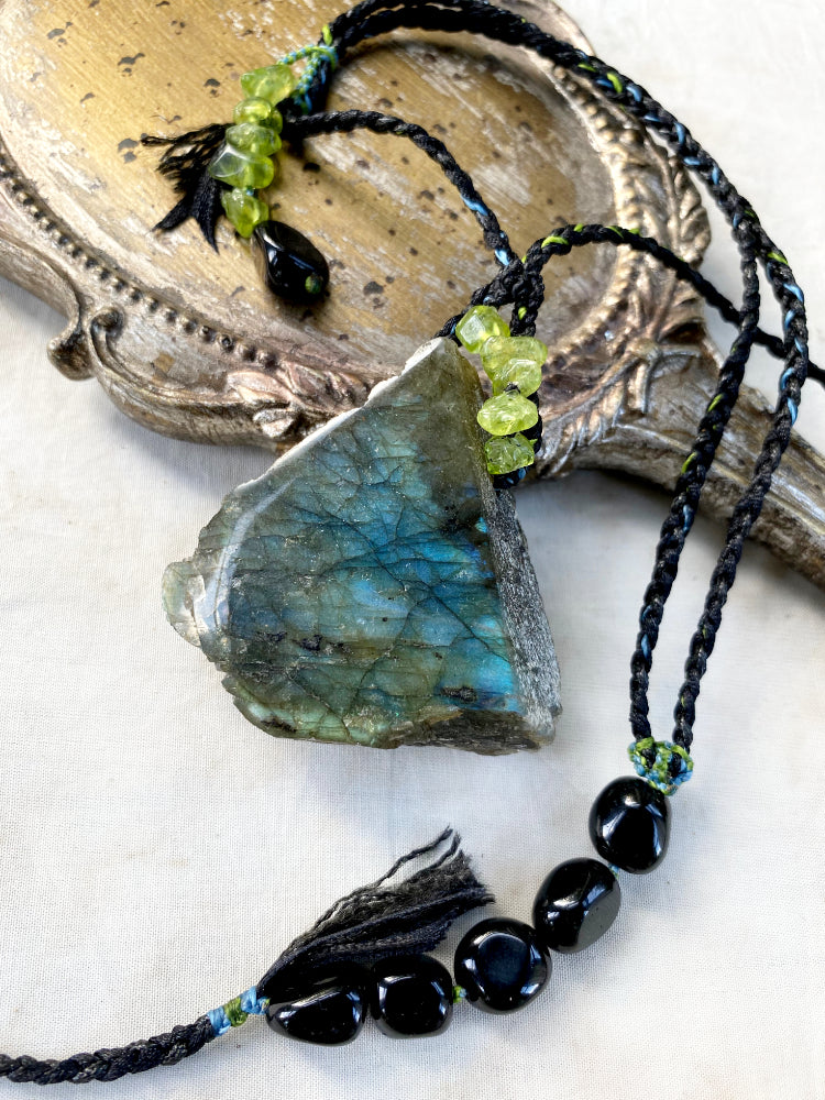 Labradorite crystal healing talisman with Peridot & Black Tourmaline