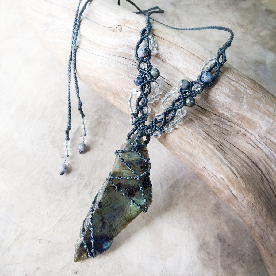 'Aurora Key' ~ Labradorite crystal amulet with Dumortierite & clear Quartz