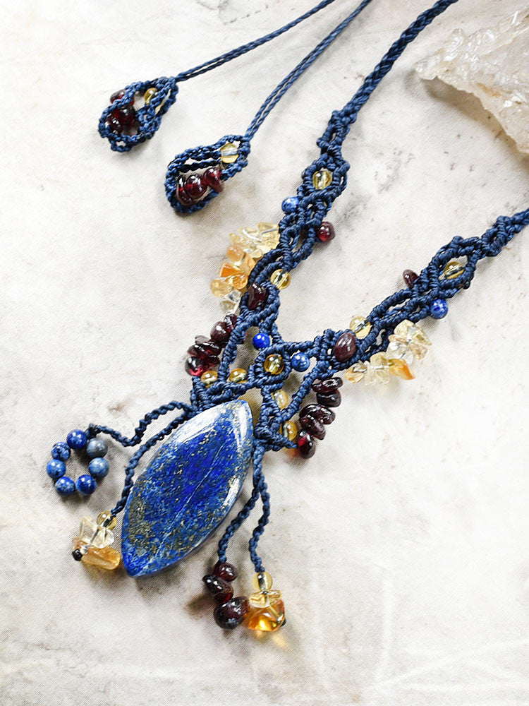 Lapis Lazuli crystal healing amulet with Citrine & Almandine Garnet