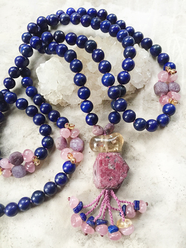 Lapis Lazuli mala with Ruby, Rose Quartz & Citrine
