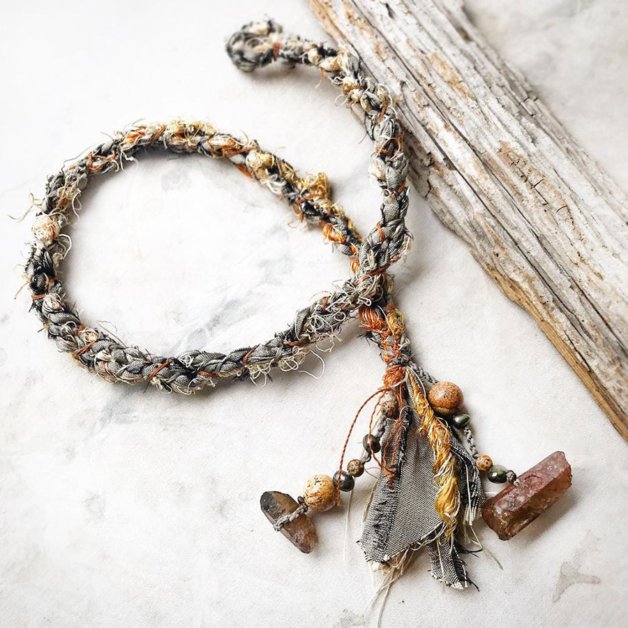 Lariat style crystal healing silk braid necklace