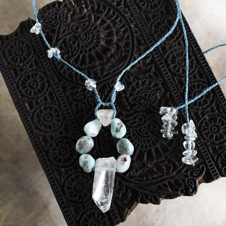 'Ocean Wisdom' ~ crystal healing amulet with clear Quartz point, Larimar & Topaz
