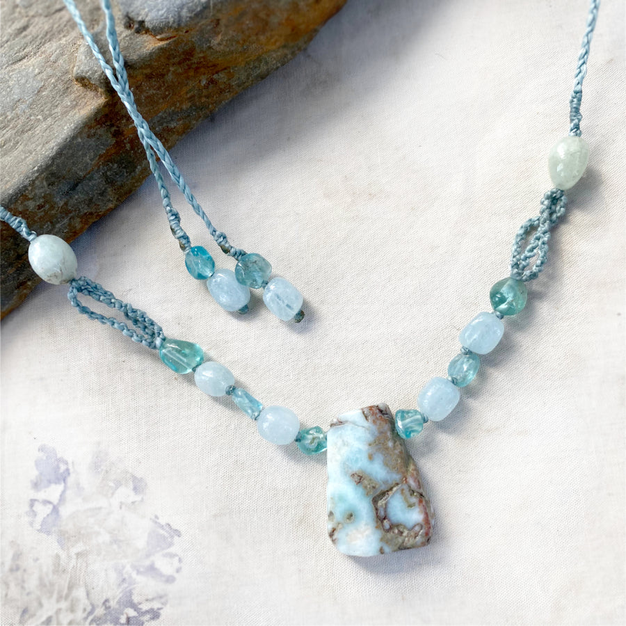 Crystal healing amulet with Larimar, Aquamarine & Apatite