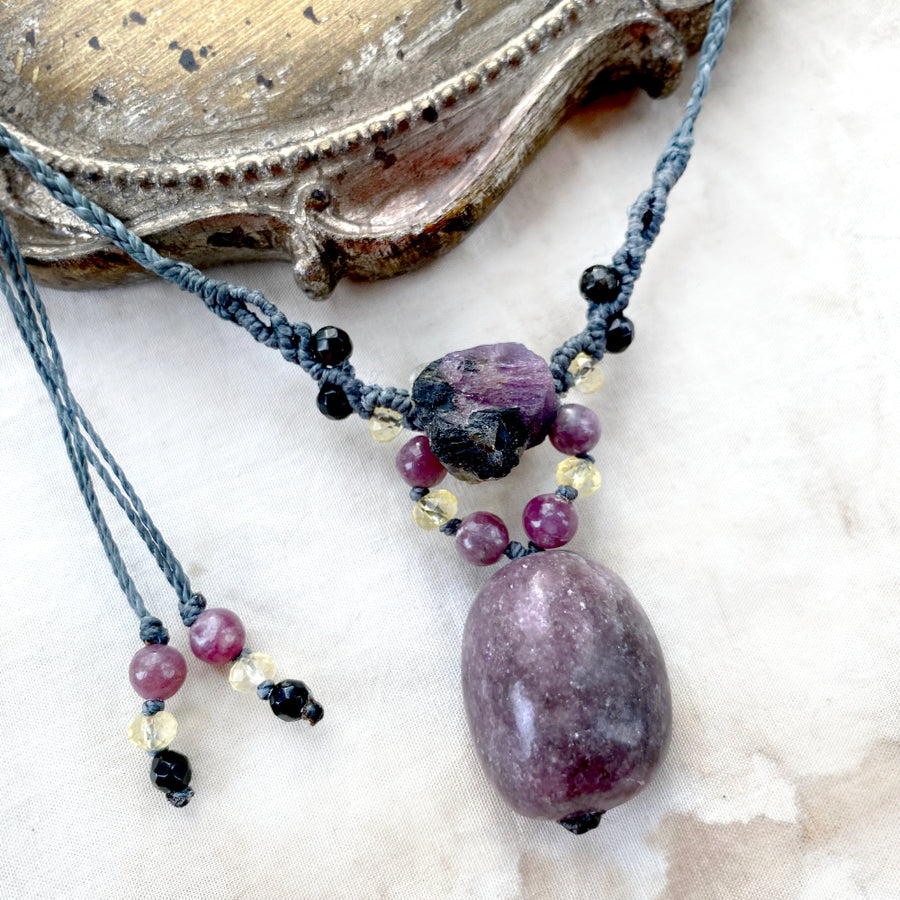 Crystal healing amulet with Lepidolite, Sapphire, Golden Sheen Obsidian and Citrine
