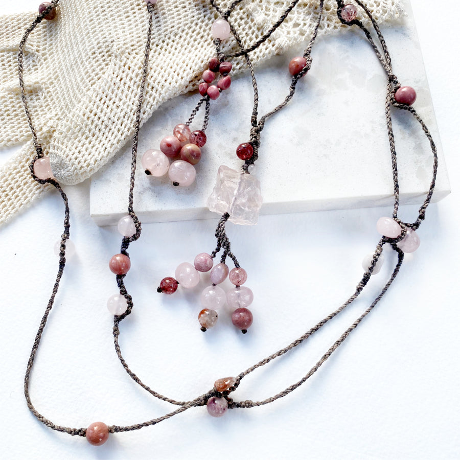 Crystal healing necklace with pink tone heart-healer energies
