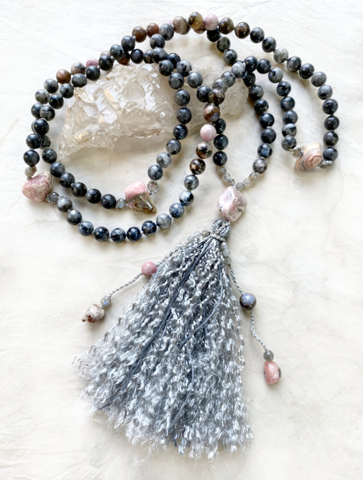 Full 108-bead meditation mala with Larvikite, Llanite & Hemimorphite counter beads