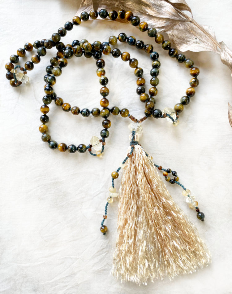 Full 108-bead meditation mala with Tiger Eye & Hawk Eye counter beads