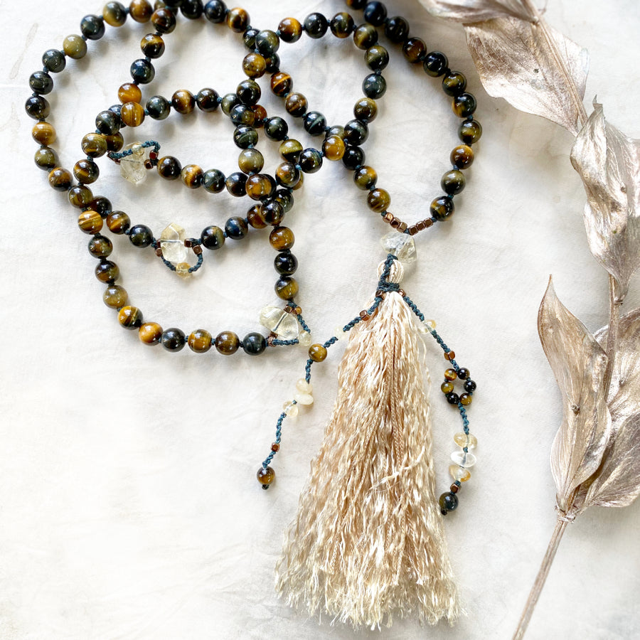 Full 108-bead meditation mala with Tiger Eye & Hawk Eye counter beads