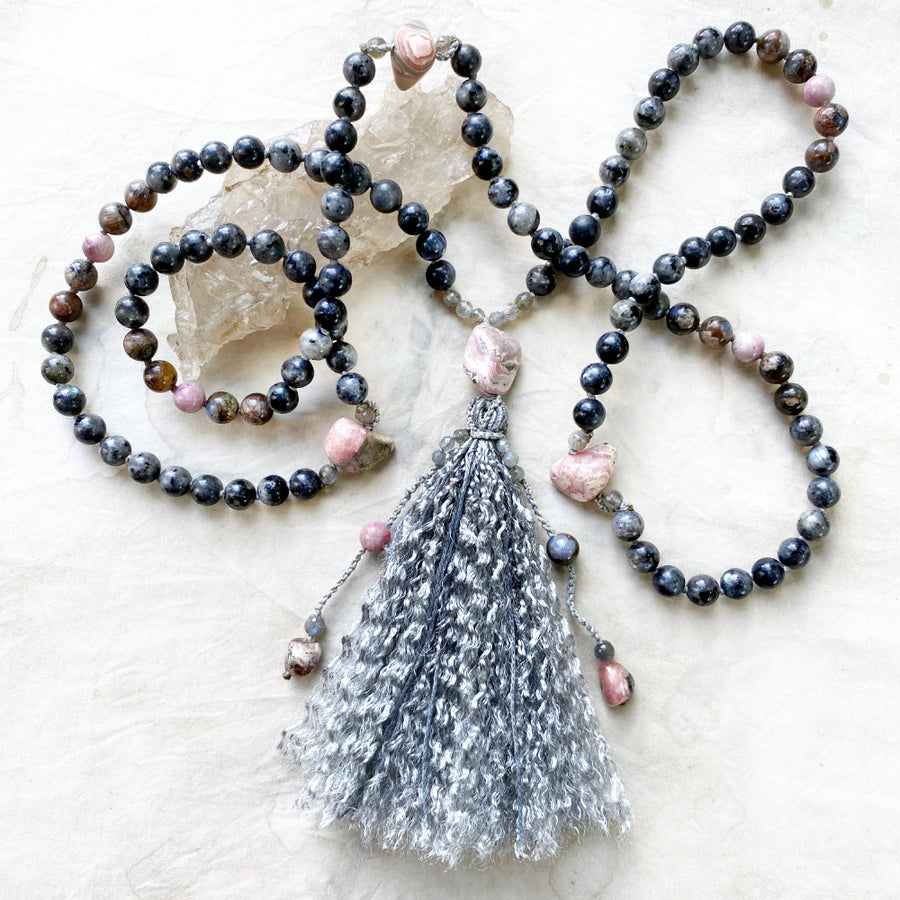 Full 108-bead meditation mala with Larvikite, Llanite & Hemimorphite counter beads