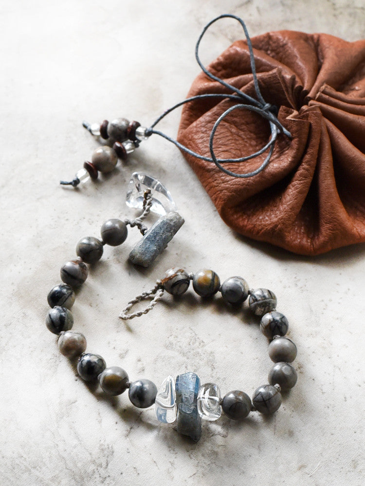 Mala bracelet with Picasso Jasper, blue Kyanite & clear Quartz ~ for up to 7