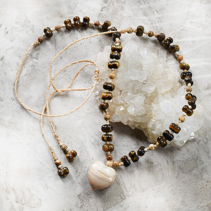 Crystal amulet with Moonstone heart, Tiger Eye & Picture Jasper