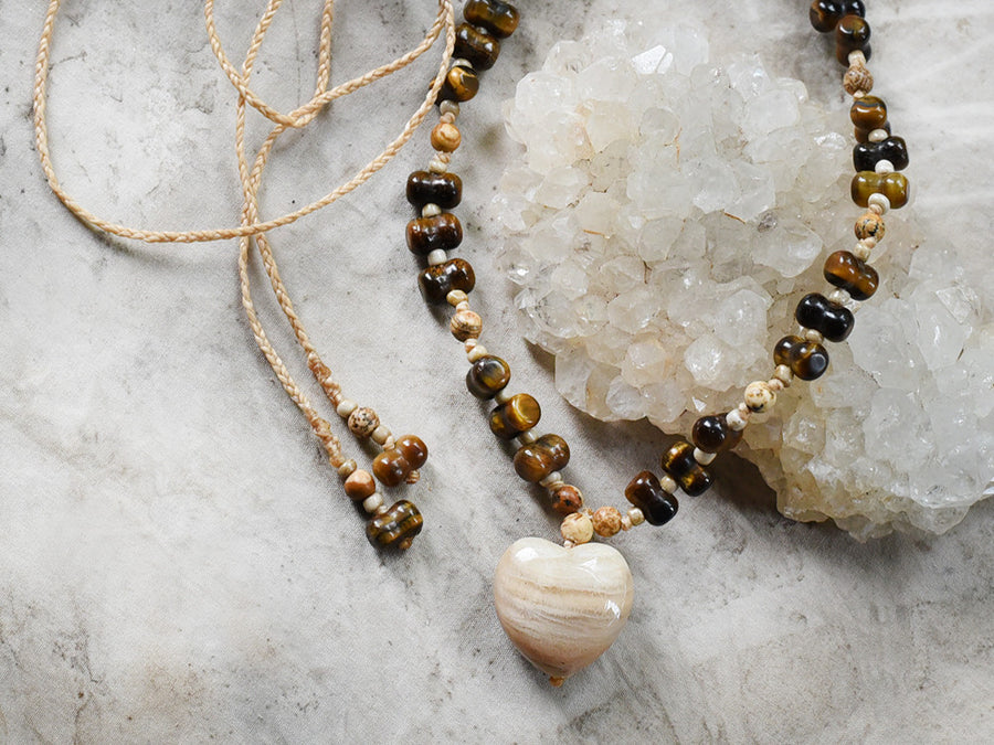 Crystal amulet with Moonstone heart, Tiger Eye & Picture Jasper