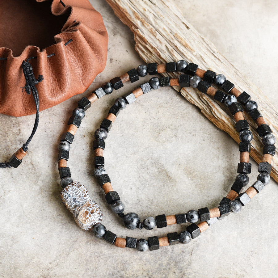 Stone talisman for men ~ with weathered Agate, Larvikite & wooden beads