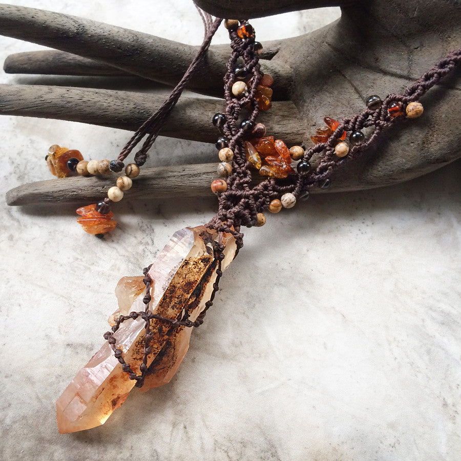 'Healing Fire' ~ Tangerine Quartz crystal healing amulet with Baltic Amber, Smokey Quartz & Picture Jasper