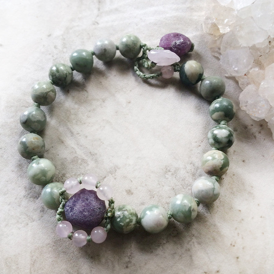 Gemstone mala bracelet with Peace Jade, Ruby & Rose Quartz ~ for up to 6.75