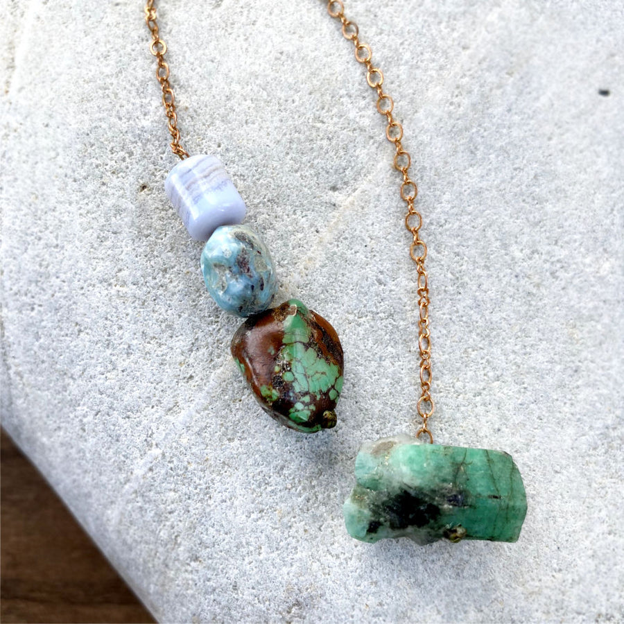 Pendulum with Turquoise, Larimar, Blue Lace Agate & Emerald