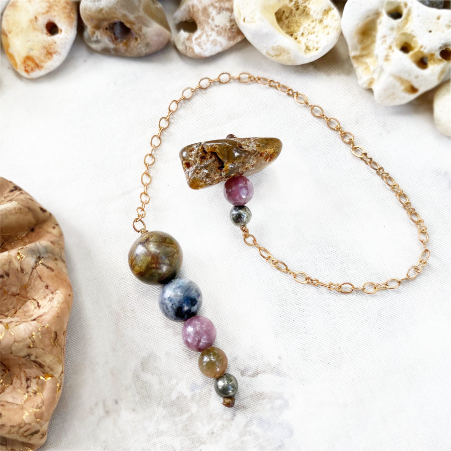 Pendulum with Amber, Picasso Jasper, Larvikite, Lepidolite & Pyrite in cork pouch