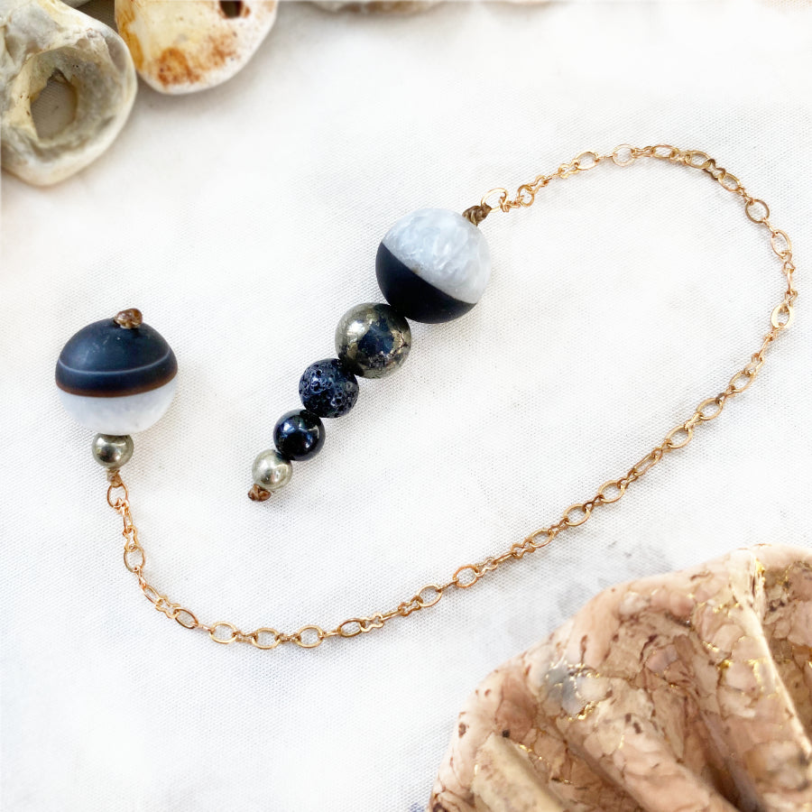 Pendulum with Agate Geode, Lava Stone, Obsidian & Pyrite in cork pouch