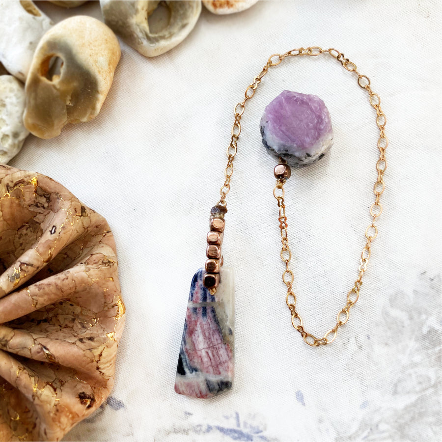 Pendulum with Ruby, Silver Leaf Jasper & Hematite in cork pouch
